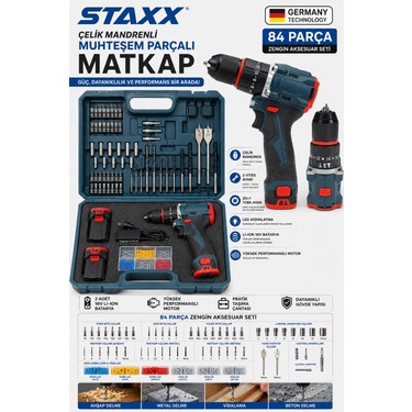 Staxx Power 84 Parça Çelik Mandrenli Brushless Şarjlı Matkap Fiyatı