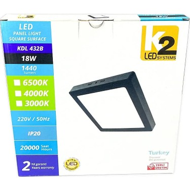 K2 KDL432B 18W Sıvaüstü Kare Panel LED Armatür Siyah Kasa Fiyatı