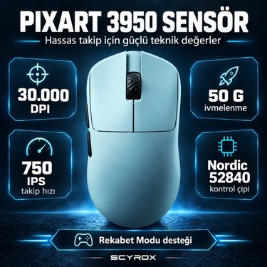 Scyrox V6 8000 Hz Kablosuz Oyuncu Mouse PAW3950 Açık Mavi Fiyatı