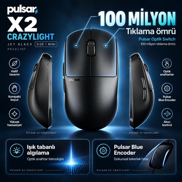 Pulsar X2 Crazylight 8k Hz Xs-1 Sensör Jet Black Kablosuz Fiyatı