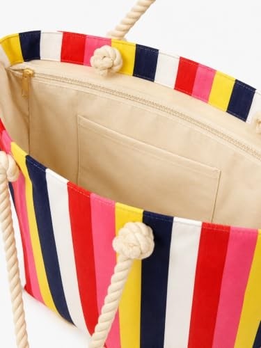 1001 Myzi Store Kadın Plaj Çantası Fermuarlı Ipli Cepli Geniş Büyük Çizgi Gökkuşağı Desenli görsel 5