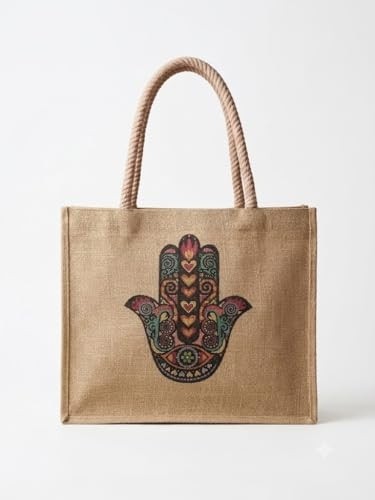 1001 El Yapımı Jüt Çanta, Mandala Fil ve Hamsa Desenli, Hasır Tote Çanta, Doğal Renk görsel 2