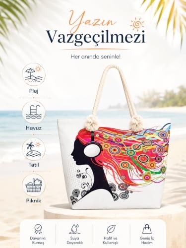 1001 Myzi Store Kadın Plaj Çantası Fermuarlı Ipli Cepli Geniş Büyük Kız Desenli Bej Tek Ebat görsel 5