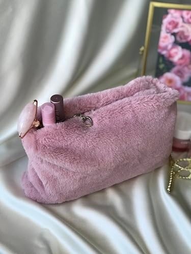 1001 Melsea Peluş Makyaj Çantası Pudra Pembe Organizer Seyahat Çantası görsel 5