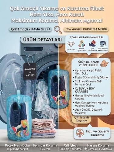 1001 2'si Bir Arada Yıkama ve Kurutma Filesi, Xl Büyük Boy Çamaşır Yıkama Çantası, Yıkama Files görsel 4