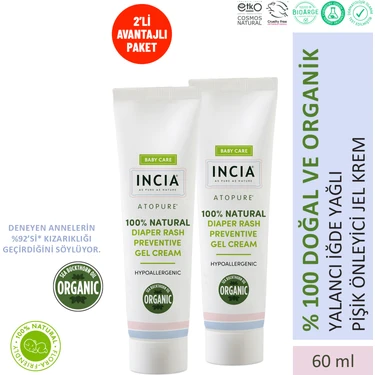 INCIA %100 Doğal Pişik Önleyici Jel Krem Organik Yalancı Iğde Bakım Kremi Bitkisel 60 ml X2