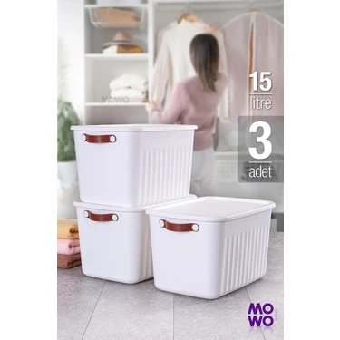 Mowo Home Storage Box Beyaz 3 Adet 15 Lt Çok Amaçlı Düzenleyici Kapaklı Kutu, Dekoratif Saklama