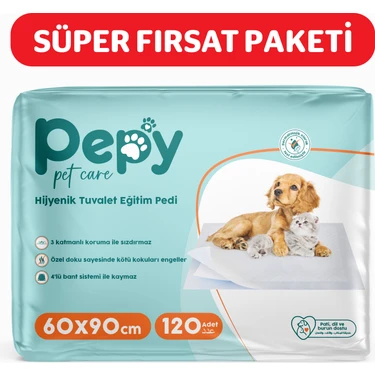 Pepy Pet Care Hijyenik Tuvalet Eğitim Pedi 60x90 cm 120 Adet 3 Katmanlı Koruma ile