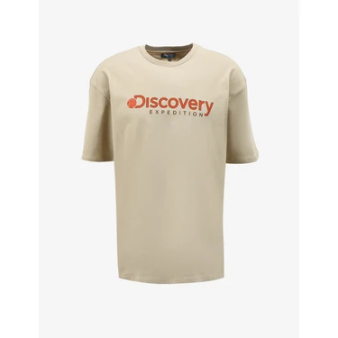 Discovery Expedition Bej Erkek Bisiklet Yaka Loose Fit Baskılı T-Shirt