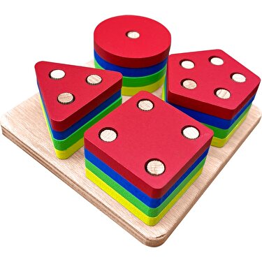 Hamaha Wooden Toys Doğal Ahşap Eğitici Oyuncak Kare 4'lü Sütun Geometrik Şekil