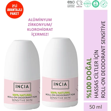 INCIA %100 Doğal Roll On Deodorant Hassas Ciltler İçin Ter Kokusu Önleyici Lekesiz 50 ml X2