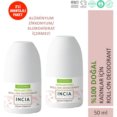 INCIA %100 Doğal Roll On Deodorant Kadınlar İçin Ter Kokusu Önleyici Lekesiz 50 ml X2