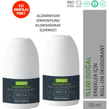 INCIA %100 Doğal Roll On Deodorant Erkekler İçin Ter Kokusu Önleyici Lekesiz 50 ml X2