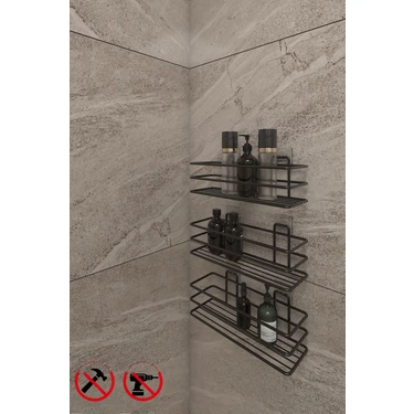 Alper Banyo Yapışkanlı Siyah TŞ01 Banyo ve Mutfak Rafı, Siyah Banyo Duş Askısı ( 3 Adet Fiyatıdır