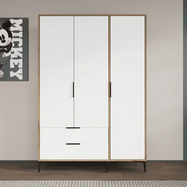Alonex Aden 3 Kapaklı Çekmeceli Beyaz Gardırop , Elbise Dolabı, Raflı