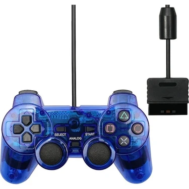 Papajack Mavi-Şeffaf Renk Kablolu Ps2 Denetleyicisi Çift Titreşim Joystick Gamepad Joypad