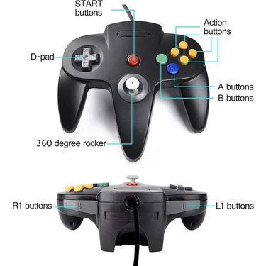 Papajack BLACK-N64 Klasik Denetleyici 64-Bit Kablolu Uzaktan Kumanda Gamepad Joystick Retro Oyun