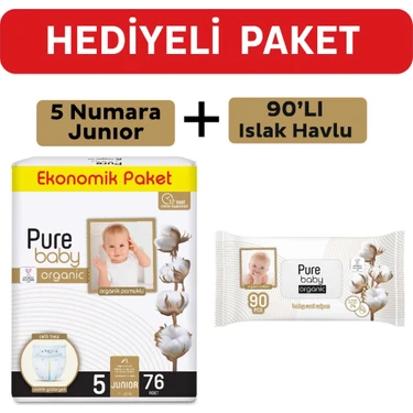 Pure Baby Organik Pamuklu Cırtlı Bez 5 Numara Junior 76 Adet + Organik Pamuklu Islak Havlu 90