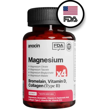 Anocin Magnezyum X4 Complex Citrate, Taurate, Bisglycinate, Malate + Bromelain +