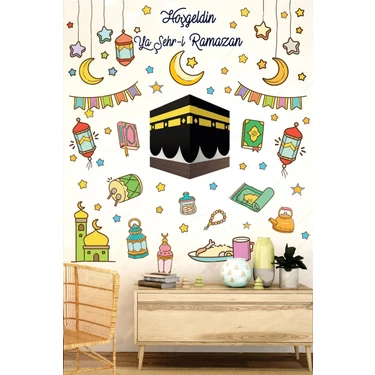 Kt Grup Ramazan Ayı Temalı Süsleme, Kabe ve Ramazan Figürleri Cam Duvar Sticker