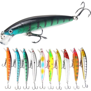 Valkyrie 10 Adet 10CM 9gr Minnow Sahte Olta Yem Seti Rapala 1m Derinlik 10 Farklı Renk Karbon Çelik