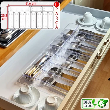 Color House 11'li Set Modüler Kaşıklık Mutfak Çekmece Içi Organizer Şeffaf Clear Çatal Bıçak Kaşık