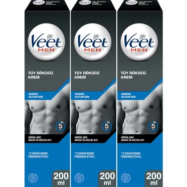 Veet Men Hassas Ciltler İçin Tüy Dökücü Krem 200 ml x 3 Pratik Uygulama ve Nemlendirici