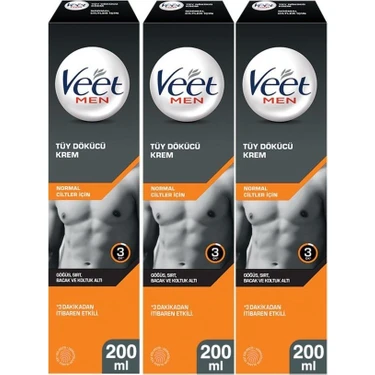 Veet Men Erkekler İçin Tüy Dökücü Krem 200 ml x 3 - Dermatolojik Olarak Test Edilmiş, 24 Saat Süren