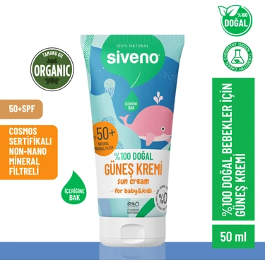 Siveno %100 Doğal Bebek Güneş Kremi Leke Karşıtı Antioksidan Nemlendirici Bitkisel Vegan SPF 50+
