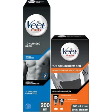 Veet Men 200 ml Hassas Ciltler İçin Tüy Dökücü Krem Seti, 100 ml Krem ve 50 ml Balsam