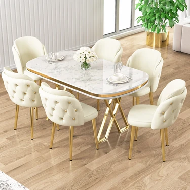 Canisa Zae Serisi 90X168 Lak Panel Beyaz Mermer Desen Gold Ayak Masa Takımı 6