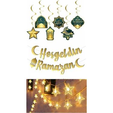 Patladı Gitti Hoşgeldin Ramazan Gold Yazı- Yıldız LED ve Tavan Süs Set, Ramazan Ayı Süsleme