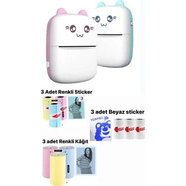 Schulzz Mini Termal Taşınabilir Yazıcı Pembe, 3ADET Beyaz + 3ADET Renkli Sticker+ 3ADET Renkli