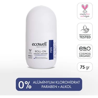 Ecowell Erkek Roll-on Deodorant, Organik & Vegan Sertifikalı, Dermatolojik Olarak Test Edilmiştir,