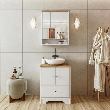 Roomart Ayaklı 2 Kapaklı Lavabolu Mat Beyaz Mdf 60 cm Çekmeceli Banyo Dolabı Aynalı Üst