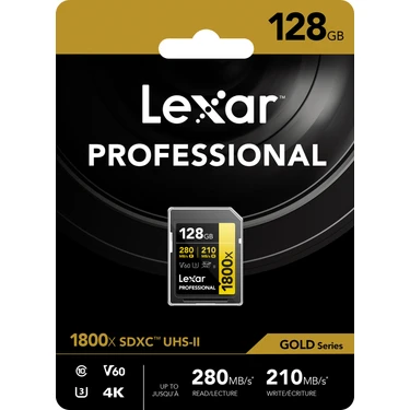 Lexar 128GB Professional 1800x SDXC UHS-II  4K UHD 270MB/sn U3 C10 V60 Hafiza Karti (Gold Series