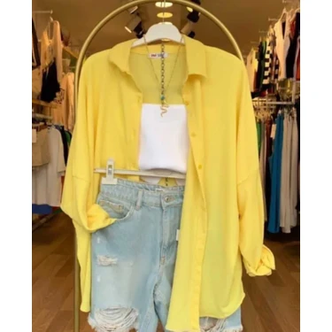 Moda Benna Kadın Düşük Omuz Oversize Keten Gömlek Yeni Sezon