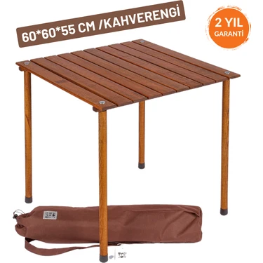 Bag The Joy 60x60x55 cm Ahşap Katlanır Rulo Kamp Masası | Piknik, Bahçe ve Balkon | Çantalı