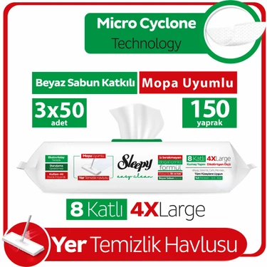 Sleepy Easy Clean Beyaz Sabun Katkılı Mopa Uyumlu Yer Temizlik Havlusu&Mendili 3x50 (150