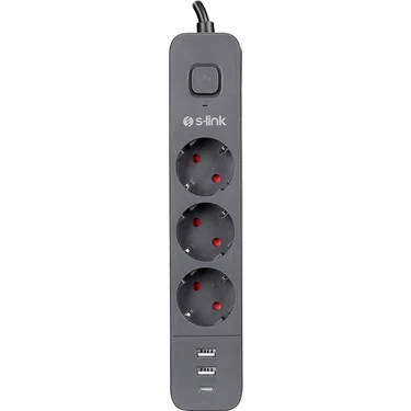 S-Link SPG03U 2 USB +1type C 5V2.4A 1.5m 3X1.00MM 100% Bakır 750 Joule 3 Lü Anahtarlı Akım Korumalı