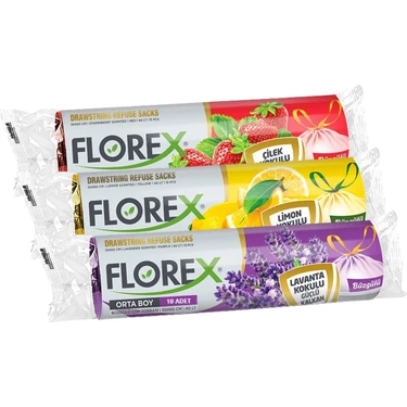 Florex Büzgülü Çöp Torbası 55X60 cm 3' Lü Eko Paket Lavanta-Çilek-Limon