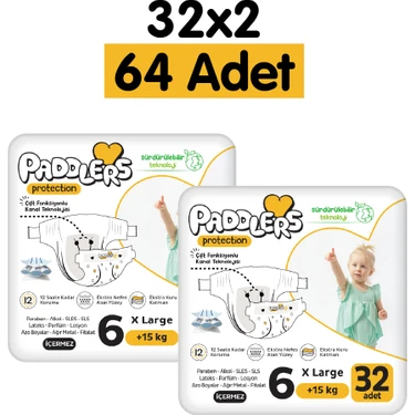 Paddlers Protection Bebek Bezi 6 Numara X-Large 64 Adet (15+Kg) 2'li Jumbo