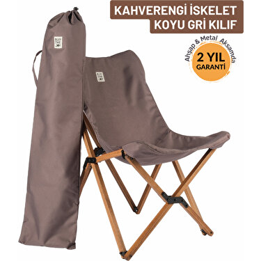 Bag The Joy Ahşap Katlanır Kamp & Bahçe Sandalyesi – Kahverengi Iskelet - Koyu Gri