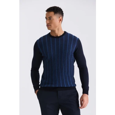 Jakamen Lacivert / İndigo Slim Fit Bisiklet Yaka Çizgi Desenli Triko