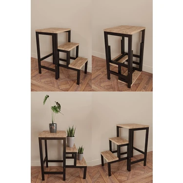 Yüceer Home Katlanabillir Puf Bench Metal Ahşap Basamaklı Tabure Merdiven Çiçeklik Çok Amaçlı