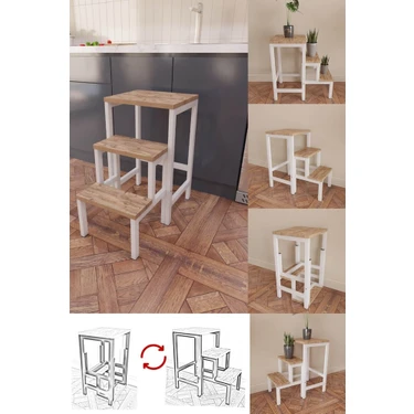 Yüceer Home Katlanabilir Metal Ahşap Basamaklı Tabure Merdiven Çok Amaçlı Kullanım