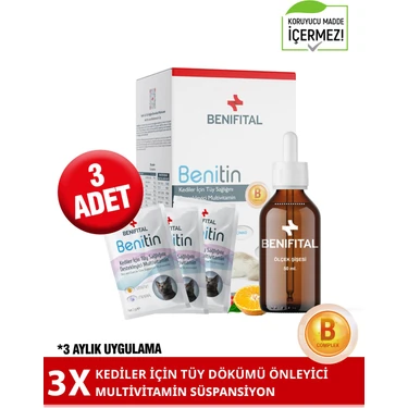 Benifital 3' Lü Benitin Kedi Tüy Dökümü Önleyici Biotin + Çinko Içeren Koruyucusuz Tüy Sağlığı