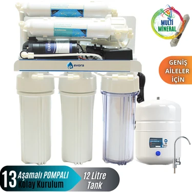 Evora 13 Aşamalı Açık Kasa 12 Litre Pompalı Su Arıtma Cihazı Mineralli Su