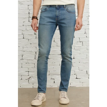 AC&Co / Altınyıldız Classics Erkek Petrol Mavisi Ekstra Slim Fit Dar Kesim Pamuklu Esnek Rıss Jean