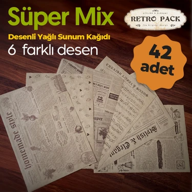 Retro Pack Süper Mix - 1 Kutuda 42 adet- 6 farklı Desenli Sunum Kağıdı-Vintage Sunum Kağıdı-Yağlı